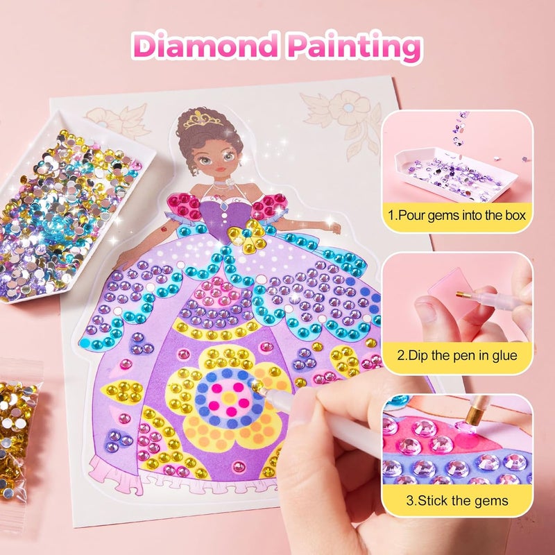 JARMELO 4 in 1 Princess Art Craft Kits, Foil Crafts Art Fun & Gem Painting, Makeup Diamond DIY Activity, Dress Up Sticker Books,Travel Toys, Ideal Toys for Girls Ages 6 7 8+ Years Old - Image 5
